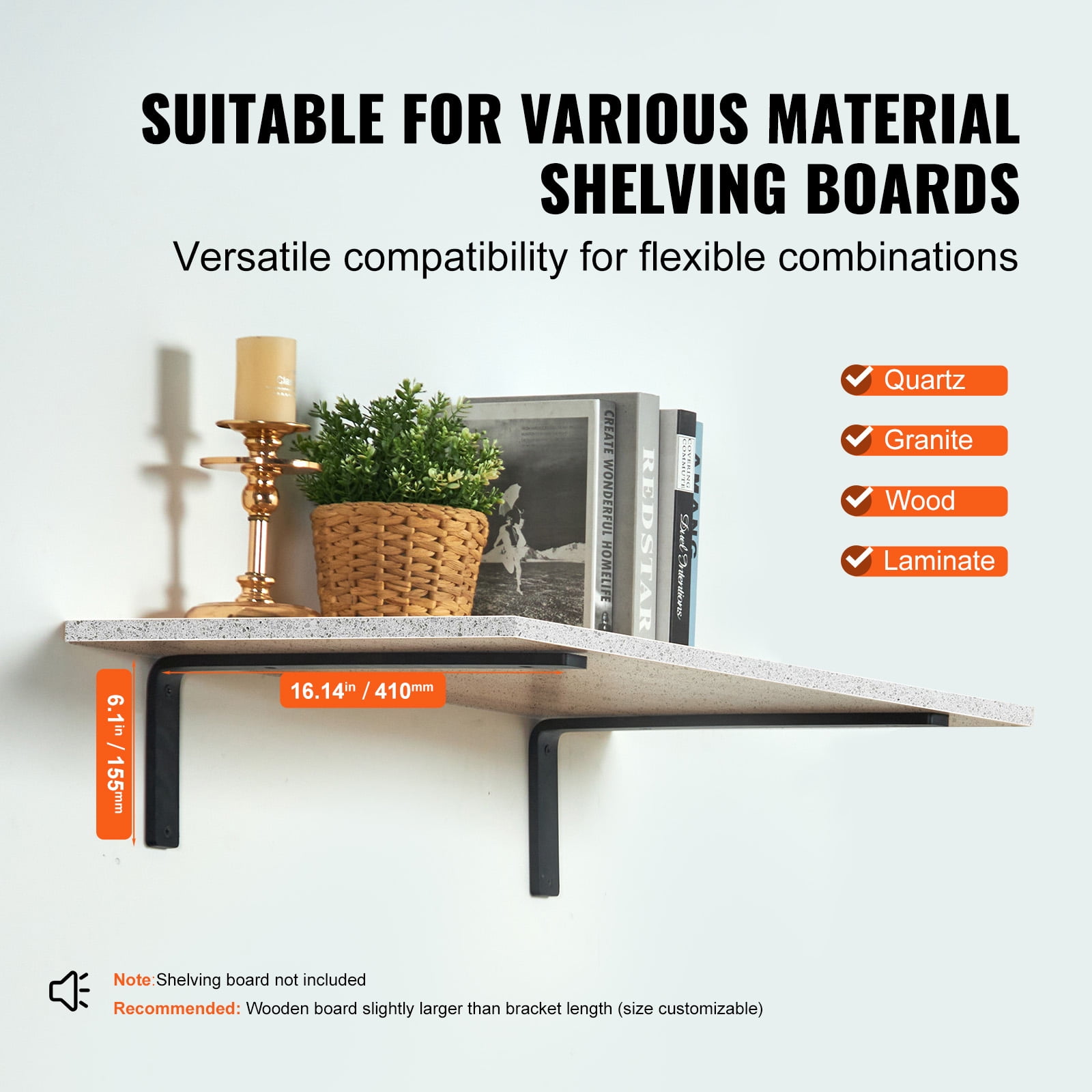 KFFKFF Bracket for Shelves, Set of 4, Dimensions 16 x 6 inches, Robust Wall Mounted Shelf Brackets, Matte Black L Shaped Bracket, Constructed from 10mm Thick Steel, Supports Weight up to 160 lbs