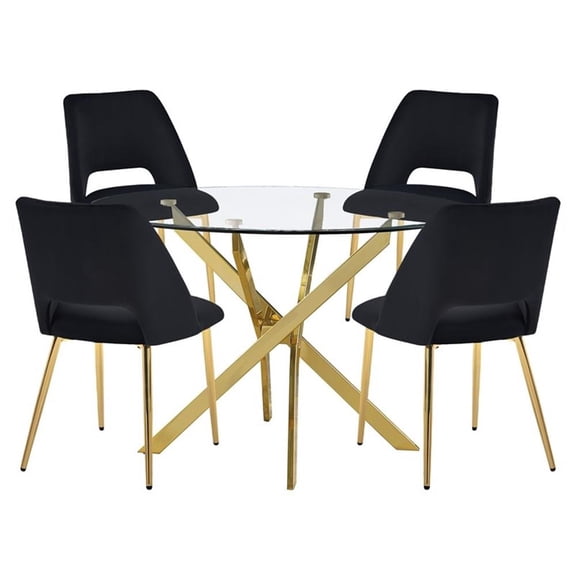 Round 45" x 45" 5pc Clear Glass Dinette Set with Black Chairs