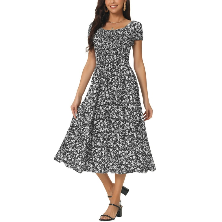 Seta T Women's Casual Floral Dress with Pockets Crewneck Cap