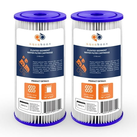 Aquaboon 5 Micron Pleated Sediment Water Filter 10 x 4.5 Cartridge - Whole House Water Filter Replacement - Whole House Water Filters Cartridges Compatible with Well Filters FXHSC, R50-BBSA, 2-Pack