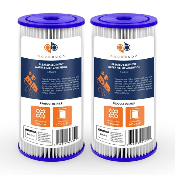 Aquaboon 5 Micron 10" Pleated Sediment Water Filter Replacement Cartridge | Whole House Sediment Filtration | Compatible with FXHSC, ECP5-BB, FM-BB-10-5, CP5-BBS, 255490-43, HDC3001, 2-Pack