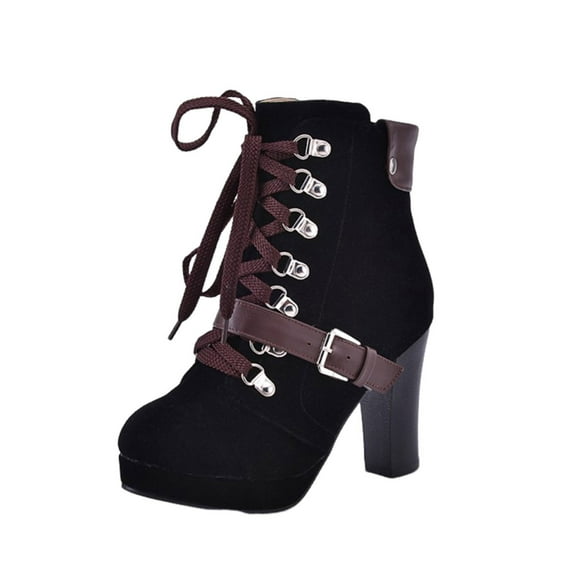hopeusnice Women's Buckle Lace Up Ankle Boots Chunky Heel Suede Booties High Heel Dress Shoes Fall Winter Warm Comfortable Fashion Boots Black 38