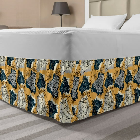 Floral Bed Skirt, Flower Silhouettes Illustration on Autumn Toned Background Art Print, Elastic Bedskirt Dust Ruffle Wrap Around for Bedding Decor, 4 Sizes, Pale Orange and Multicolor, by Ambesonne