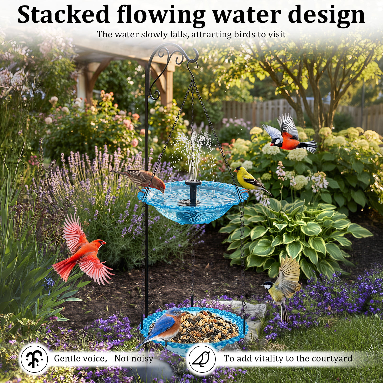 Grusce Hanging Solar Bird Bath Fountain, Solar Power Outdoor Water Fountain with Cascading Water Decorative for Garden Yard Patio