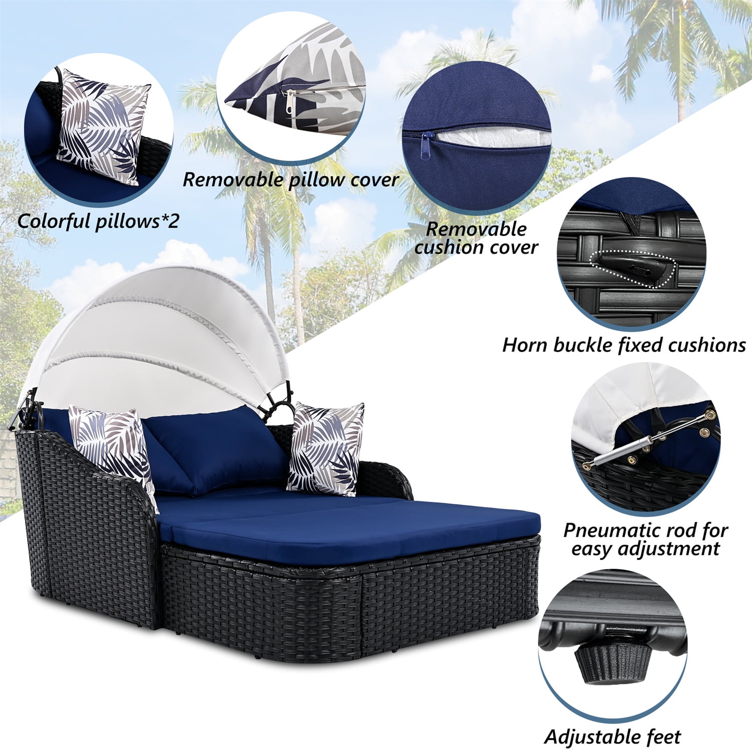 HighSound Outdoor Daybed, Patio Daybed with Retractable Canopy, High-Resilient Soft Cushions, 2-Person Lounge Bed, Outdoor Bed Loveseat for Garden, Backyard, Porch (Blue)