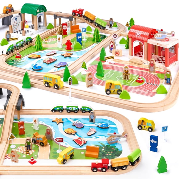 Set de tren de madera TikTiles de 175 piezas con rompecabezas y juguetes de pesca