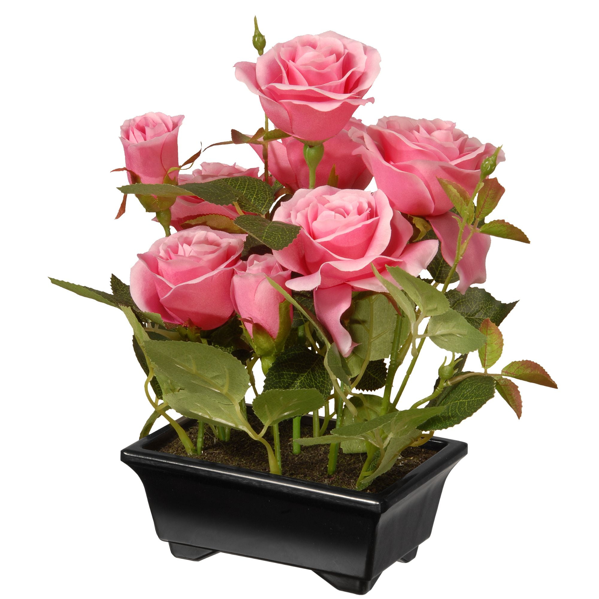 10" Black Potted Artificial Pink Rose Flowers