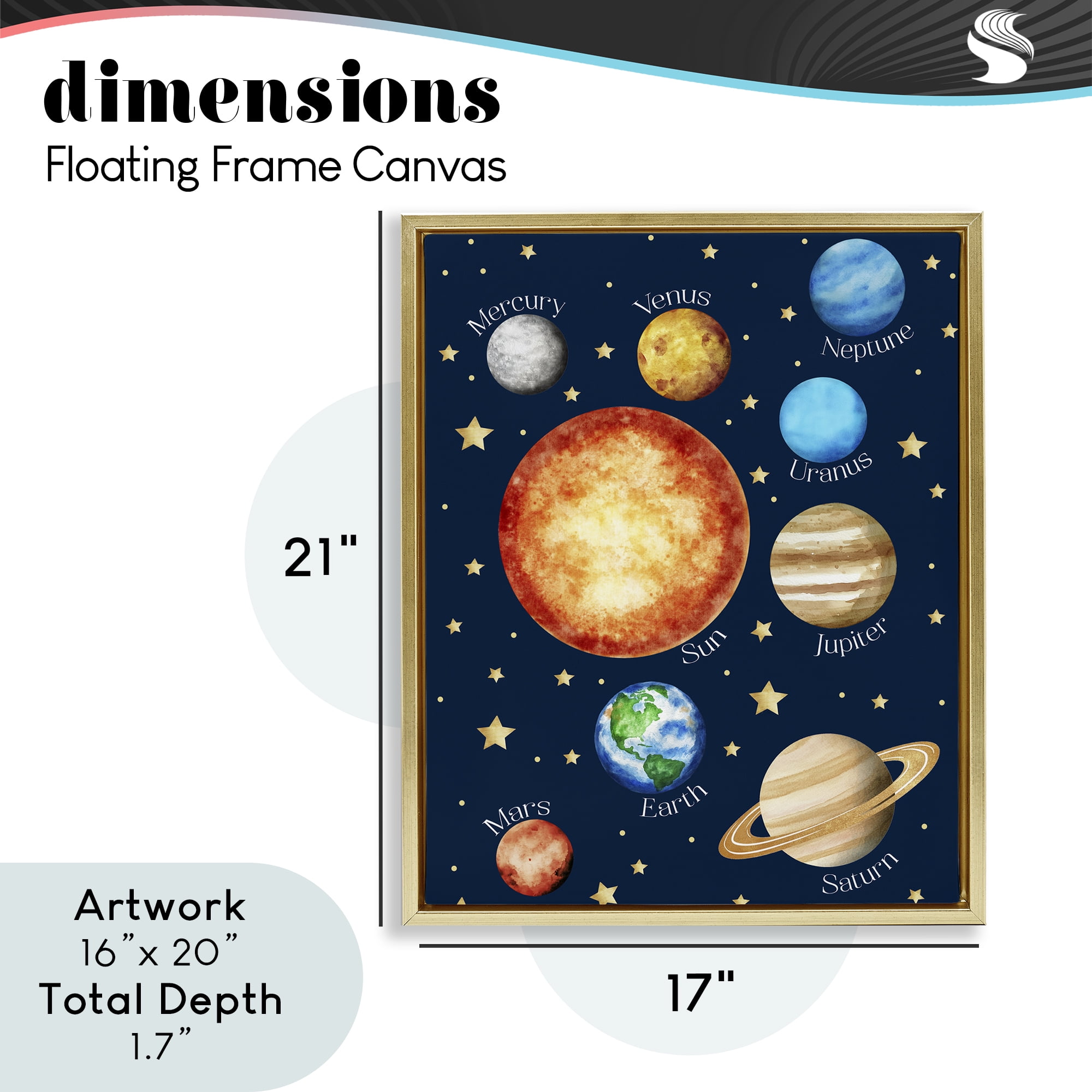 Educational Solar System Space Gold Framed Floater Canvas Wall Art, design by Christine Simpson Art