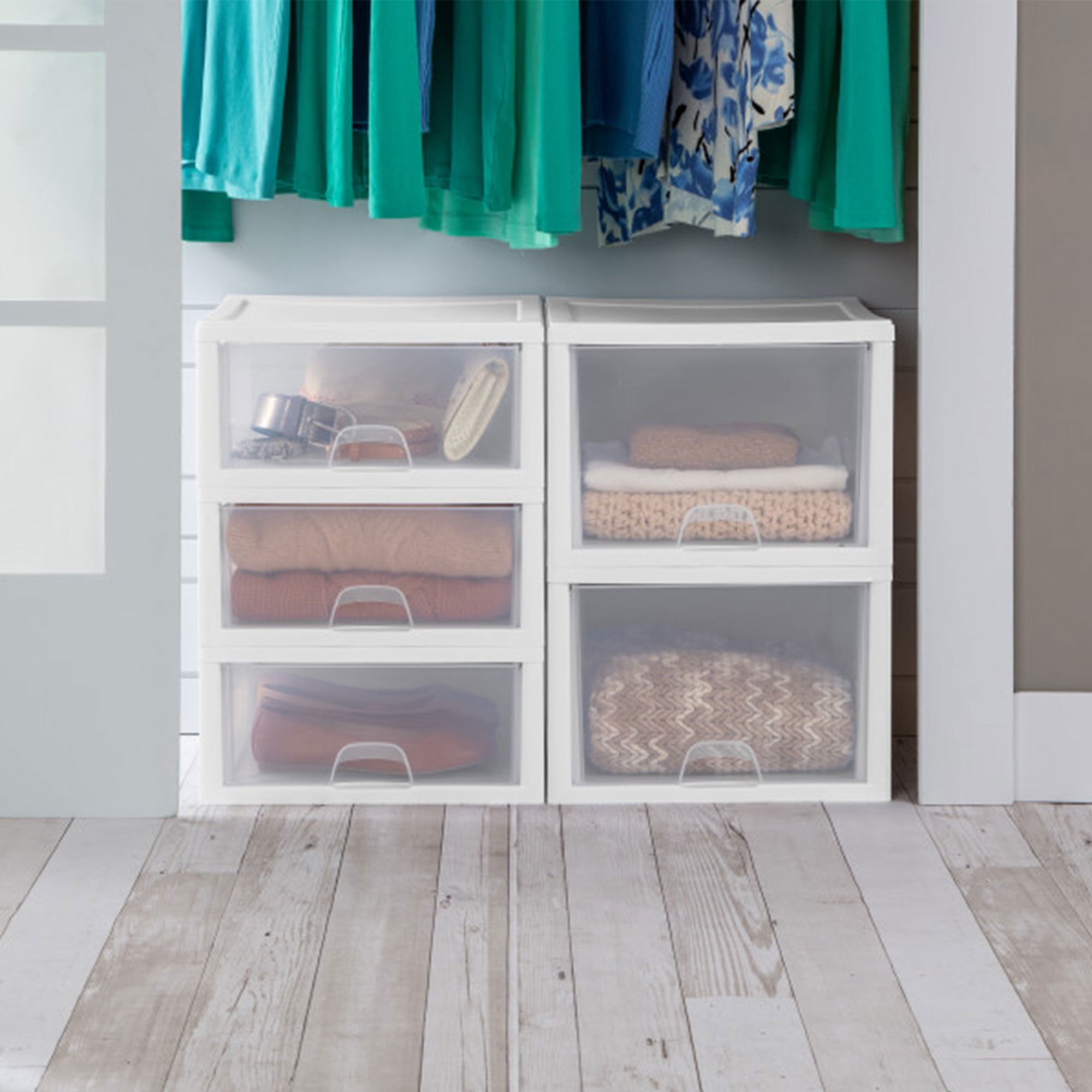Sterilite 27 Qt Stacking and Modular Plastic Storage Drawers, White Frame, 4 Pack