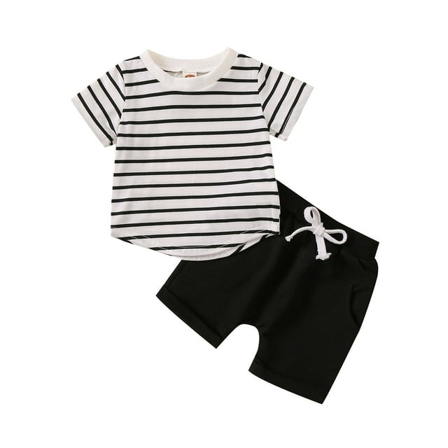 Gibobby Conjunto térmico bebé Niños pequeños de verano de manga corta a rayas estampados Tops pantalones cortos 2 uds conjuntos de ropa para niños ropa(Blanco, 12-18 Meses)
