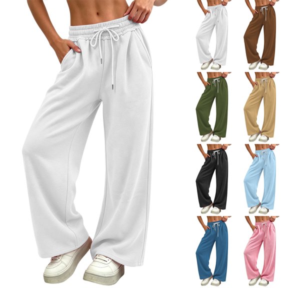 Smsaxvxz Wide Leg Sweatpants for Women Casual High Waisted Baggy Sweatpants Drawstring Workout Pants with Pockets White M