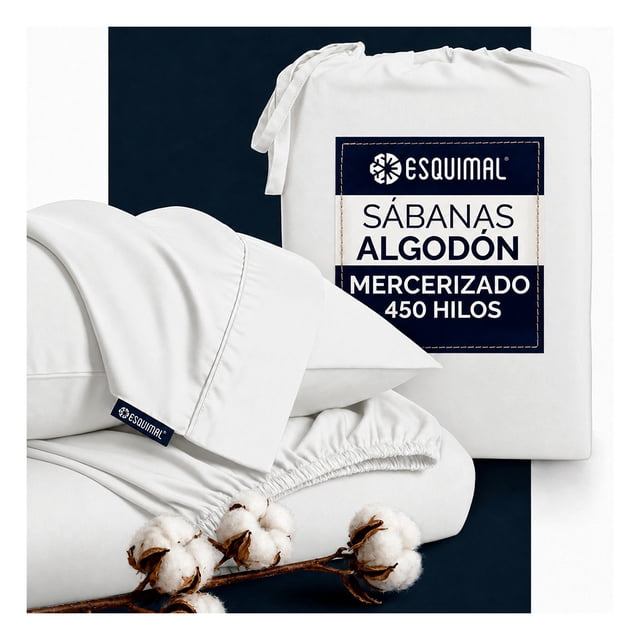 Juego De Sábanas Queen Size Algodón Mercerizado Premium 450 Hilos Esquimal, Certificación Oeko-tex, Blanco