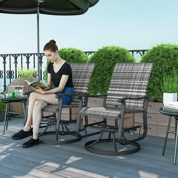Outsunny Outdoor Glider Chair Set of 2, Wicker Rattan Swivel Patio Glider with Steel Frame, High Back, Gray