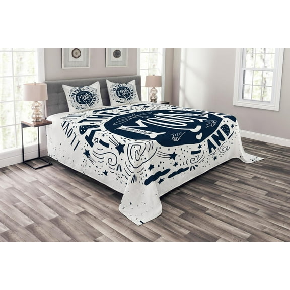 Ambesonne I Love You Quilted Bedspread Set 3 Pcs, Happy Words Comet, King Size, Dark Blue White