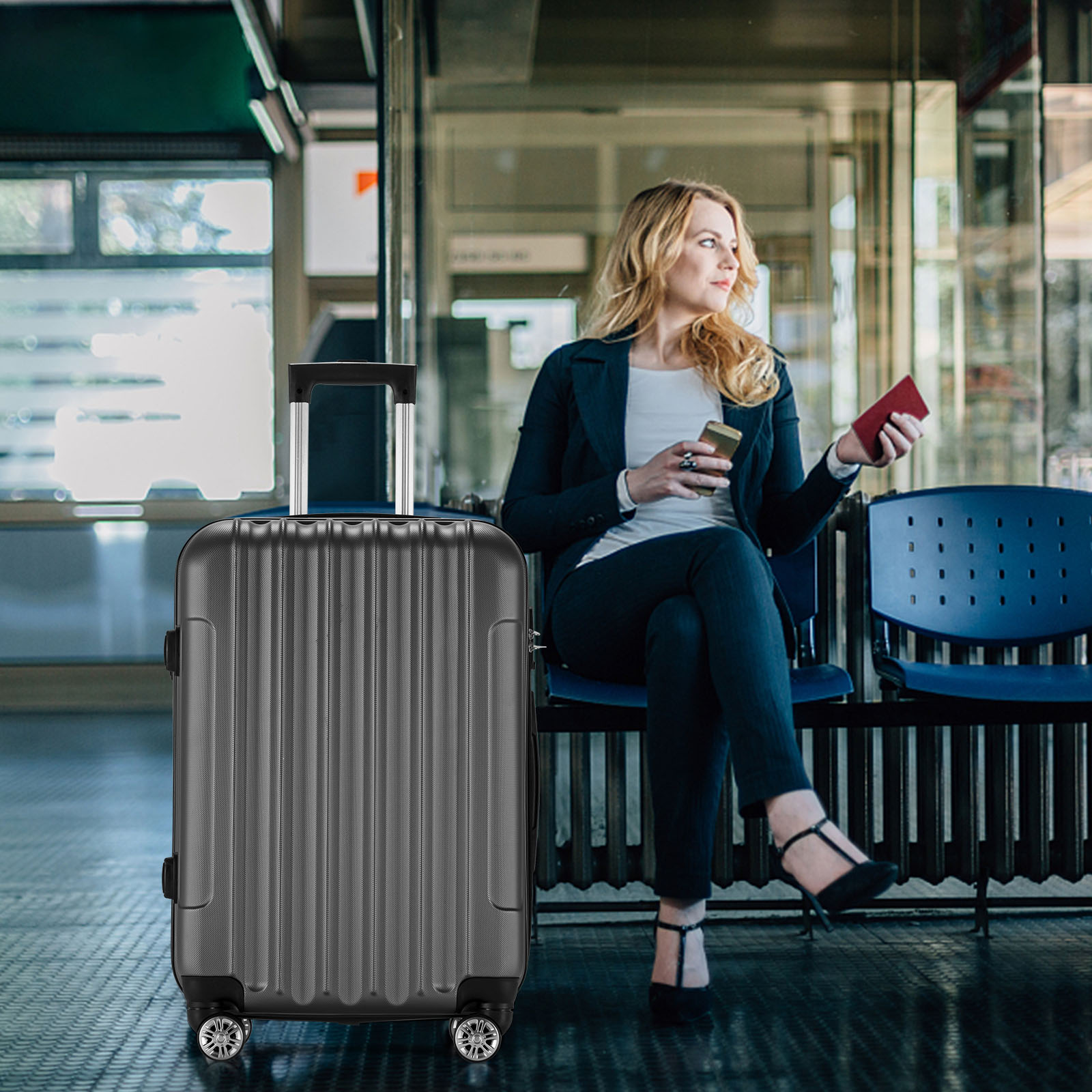 Zimtown 4 Piece Luggage Set, ABS Hard Shell Suitcase Luggage Sets Double Wheels with TSA Lock, Dark Gray - image 3 of 12