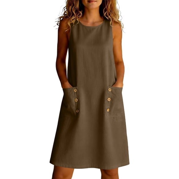 Edvintorg Womens Sundresses Crew Neck Sleeveless Casual Vacation Beach Dress Summer Clothes Womens Dresses Brown M