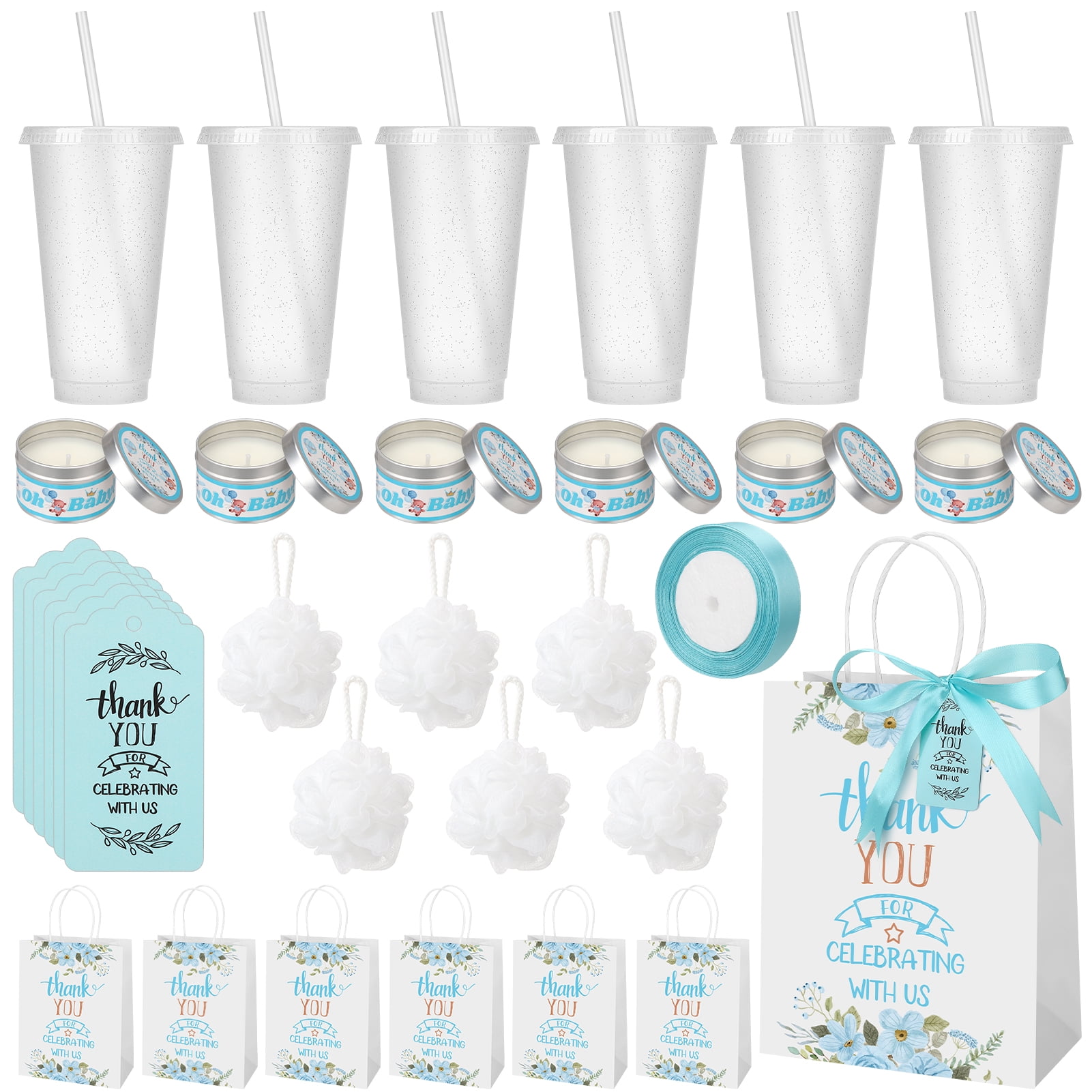 sixwipe 31 Pcs Baby Shower Game Prizes, Baby Shower Favor Gifts, Baby Shower Player Winner Gifts with Plastic Tumbler, Scented Candles, Card, Gift Bag, Bath Ball and Ribbon