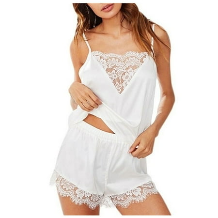

Satin Pajamas Set for Women Two Piece Pjs Sets Cami Top & Shorts Set Eyelash Lace Sleepwear Underwear Boudoir Outfits