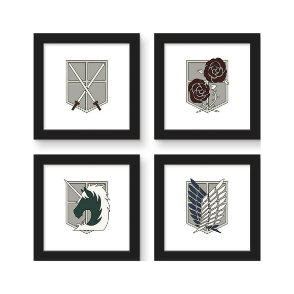 Gallery Pops Attack on Titan - Regiment Emblem Wall Art Bundle (4-Pack), Black Framed Version, 12" x 12"