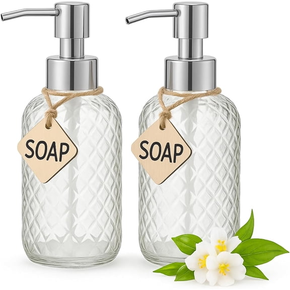 Casafoyer 15 oz Glass Soap Dispenser with Stainless Steel Pump, Clear, Pack of 2