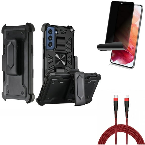 Privacy Screen Protector & Case Belt Clip & 10ft PD Cable for Samsung Galaxy S22 (6.1") - TPU Film Fingerprint Works & Holster Swivel & Type-C to USB-C Charger Cord Accessory Bundle