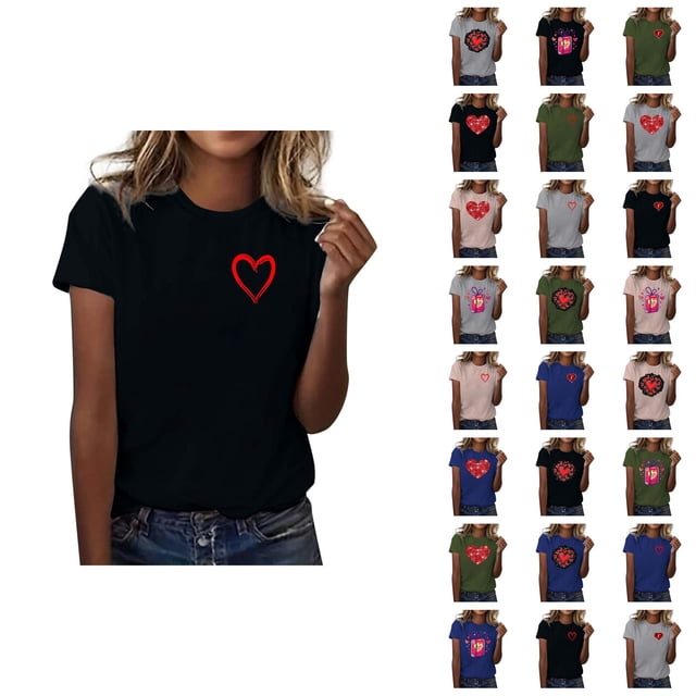 T-shirt Femme Saint-Valentin 2026 Mode Manches Courtes Col Rond Cœur Graphique