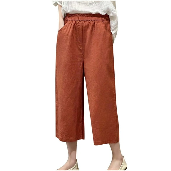 pbnbp Plus Size Pants for Women Solid Cotton Linen High Waisted Elastic Pocktes Wide Leg Straight Leg Capri Pants Capris for Women