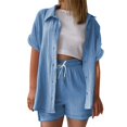 thumbnail image 6 of QGJZVUNL Cotton Linen 2 Piece Sets for Women Summer Clothes Short Sleeve Button Down Shirts and Drawstring Shorts Lounge Outfits Size 2XL, 6 of 6