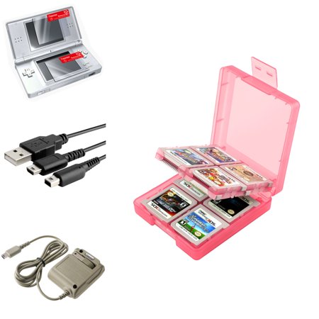 Charger for Nintendo DS Lite by Insten, Grey + Coral 16 in 1 Card Case + USB + 2-LCD Protector