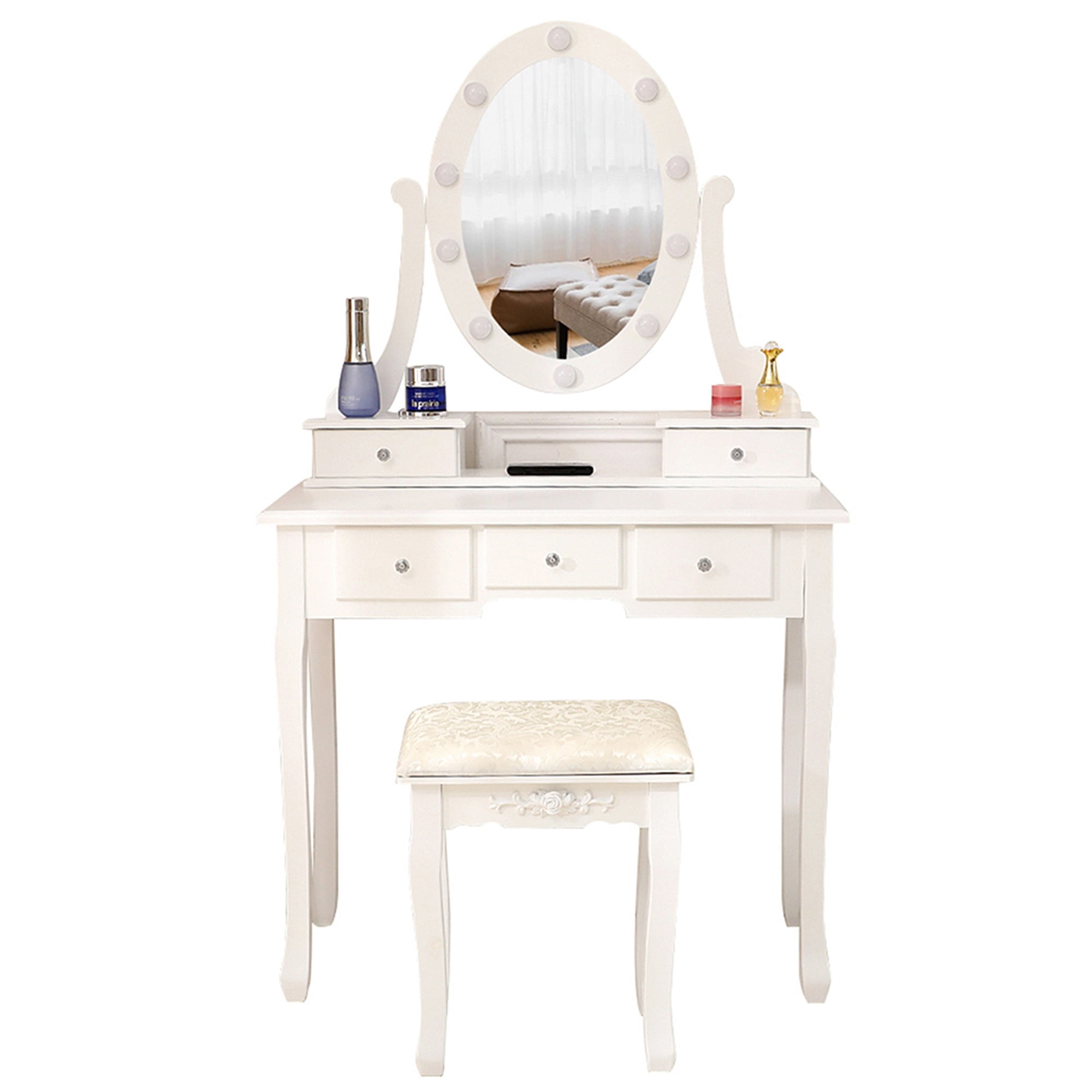 Kadyn Vanity Table and Chair Set with Light Bulb, Make Up Vanity Desk with 5 Drawer, White