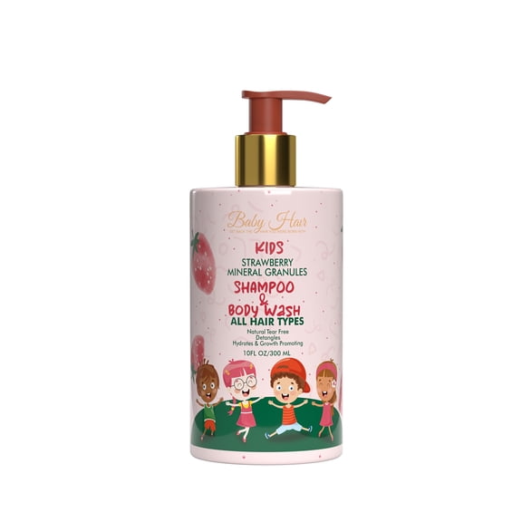 Baby Hair Kids: Vegan Strawberry & Mineral Granules Shampoo & Body Wash pH- Balanced Sulfate-Free, Tear-Free Formula for Clean & Clear Scalp and Hair. Formulated with Strawberry Juice & Oil, and Aloe