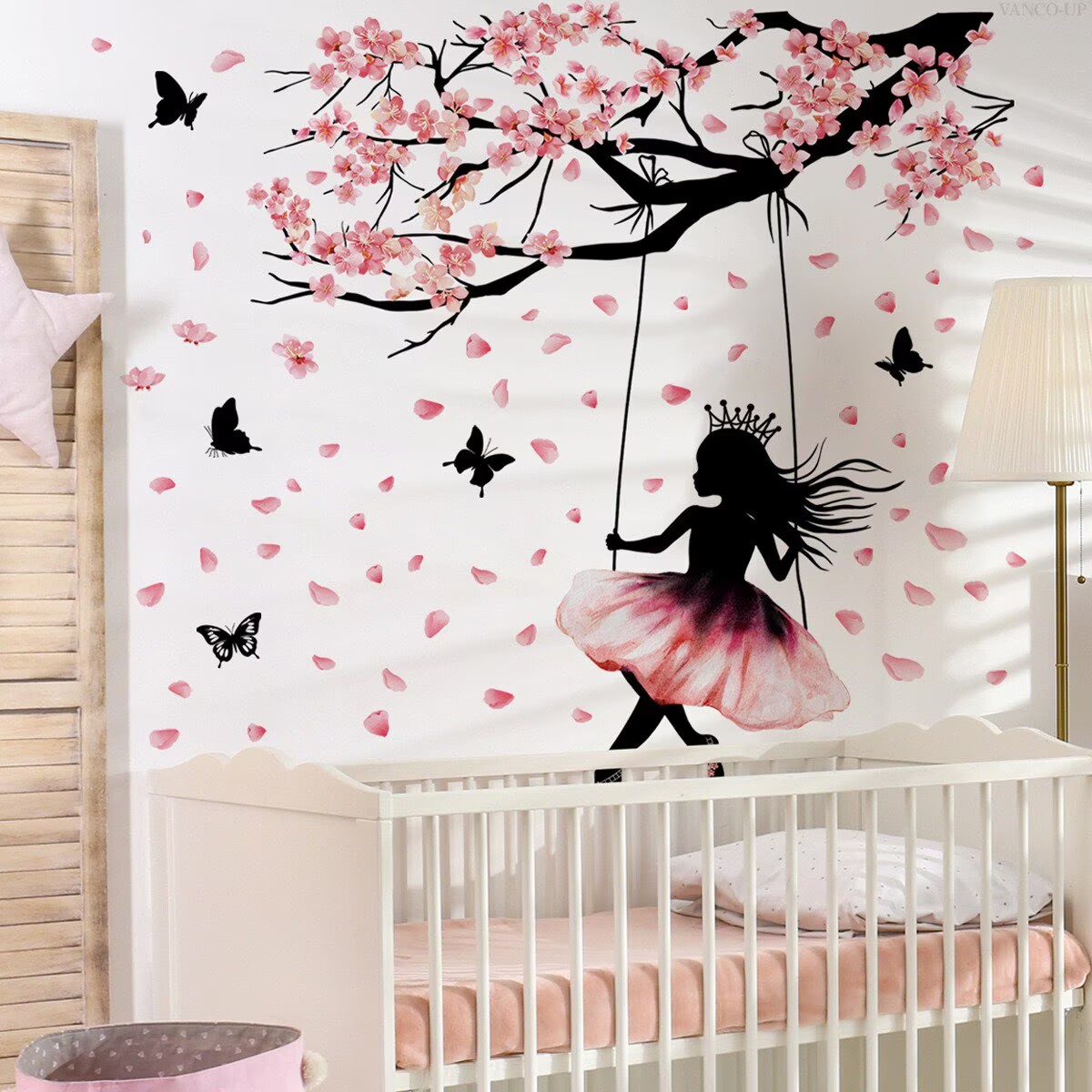 Cherry Blossom Branch Wall Decals Flower wall sticker Swing Butterfly Girl Wall Stickers Flower Walls Decal Peel and Stick Walls Murals Decor for Girl Princess Bedroom Living Room (Pink Flower Girl)