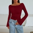thumbnail image 2 of ClodeEU Womens Long Sleeve Shirts,Boat Neck Bell Sleeve Ribbed Ruched Clothes,Fall Off The Shoulder Going Out Tops Wine,Womens Plus L, 2 of 6
