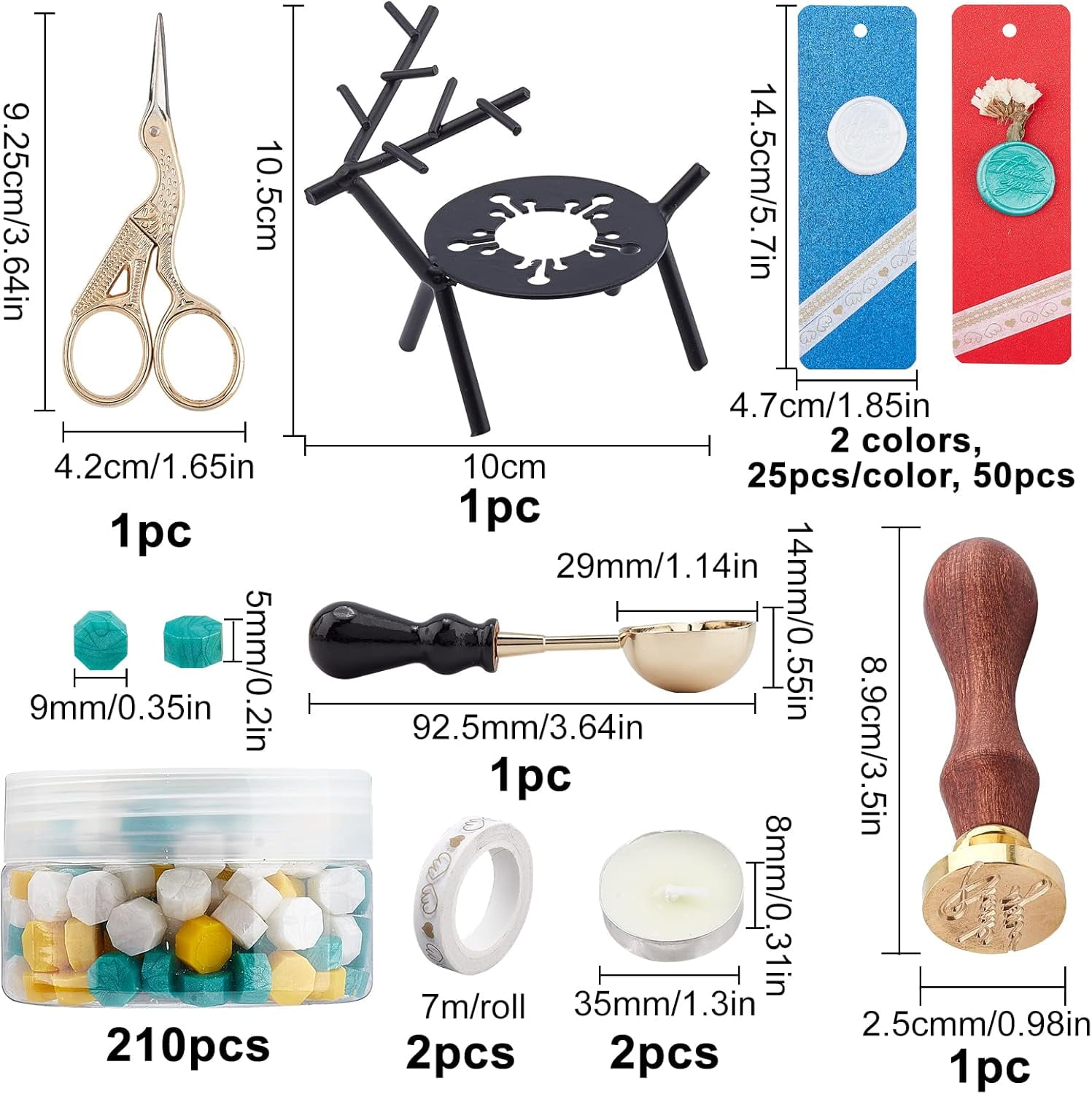 1 Set Wax Seal Kit Sealing Wax Furnace with 1pc Wax Spoon 210pcs Wax Seal Beads Thank You Wax Seal Stamp Adhesive Tapes & 50pcs Blank Kraft Paper Card Scissors Candle for Wedding Invitations