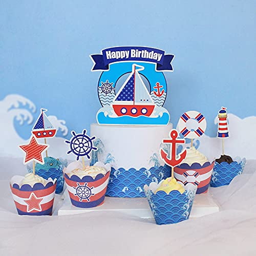 X24 ANCHOR & BOAT BIRTHDAY CUP CAKE TOPPERS DECORATED ON EDIBLE RICE PAPER 