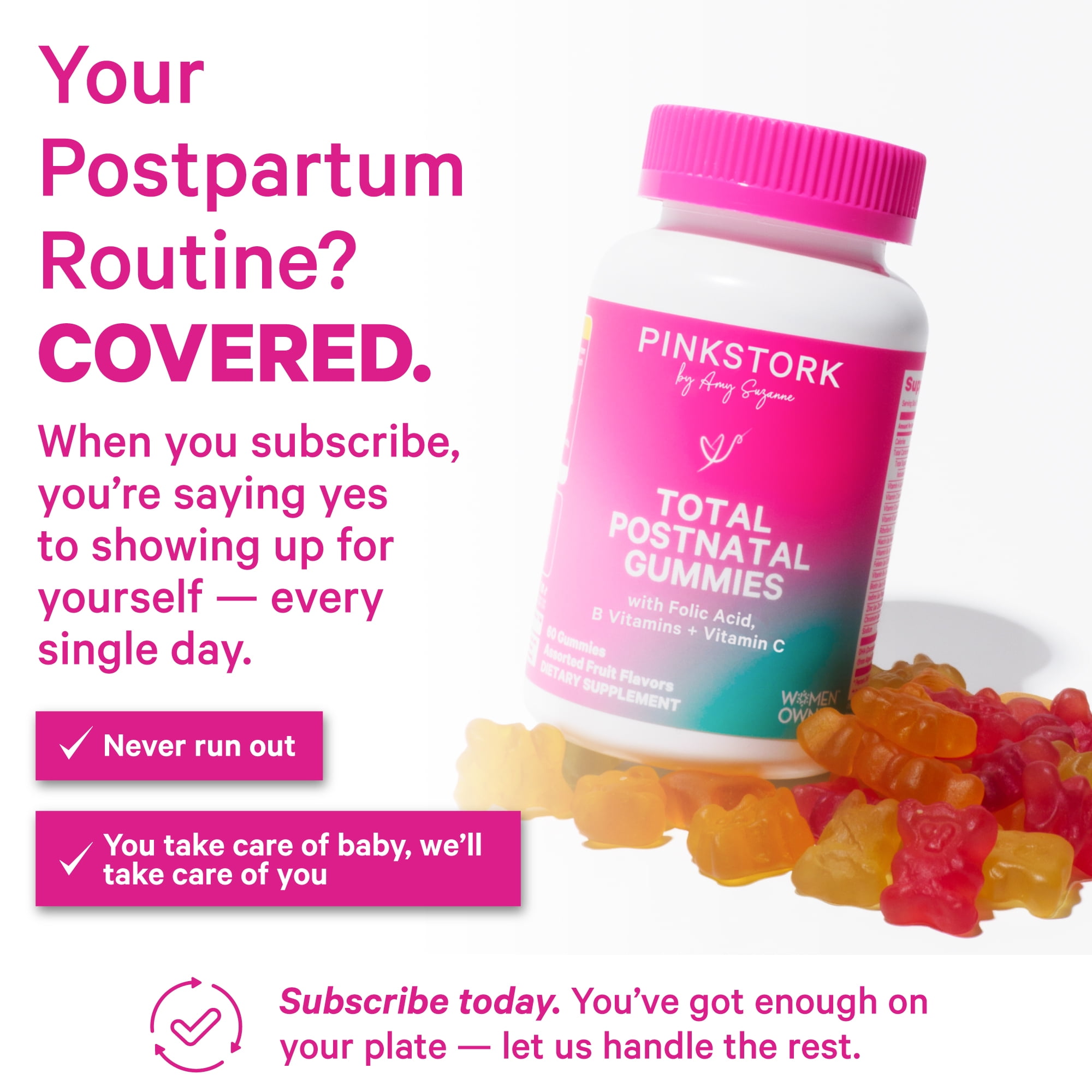 Pink Stork Postnatal Gummies, Multivitamin for Nursing Moms, Lactation Supplement with Folate, 60ct