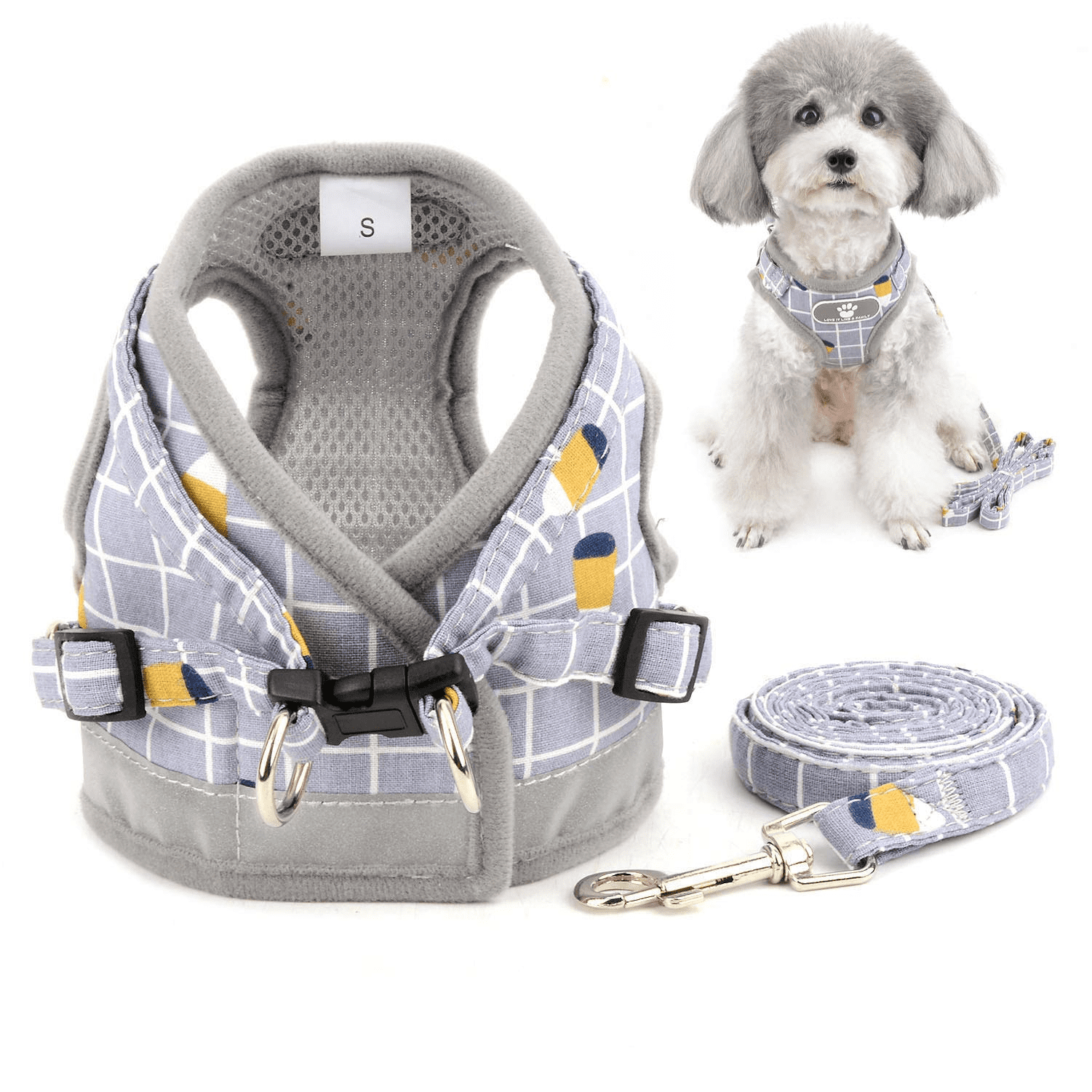 No Pull Small Dog Harness and Leash Set Adjustable Reflective Step-in Chihuahua Vest Harnesses Mesh Padded Plaid Escape Proof Walking Puppy Jacket for Boy Girl Pet Dogs Cats