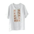 thumbnail image 6 of Dazajoo Summer Short Sleeve Tops for Women 2025 Casual Floral Embroidered Linen Shirt Round Neck Loose Blouses,White,L, 6 of 7