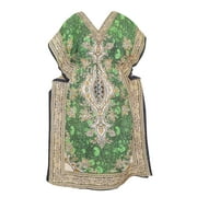 Mogul Women Maxi Kaftan Green Dashiki Print Kimono Style Beach Cover up House Dress