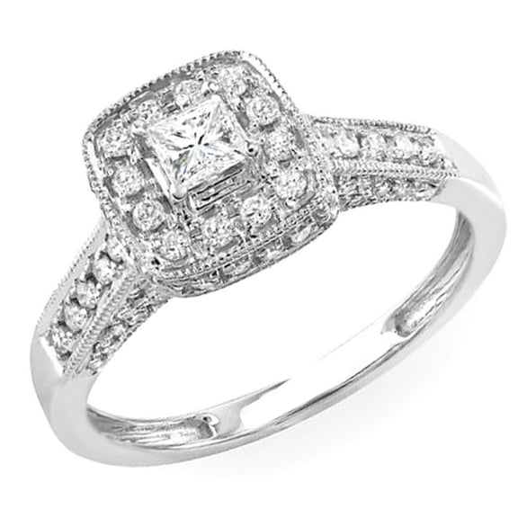0.85 Carat (ctw) 14k White Gold Princess Diamond Ladies Halo Style Engagement Bridal Ring
