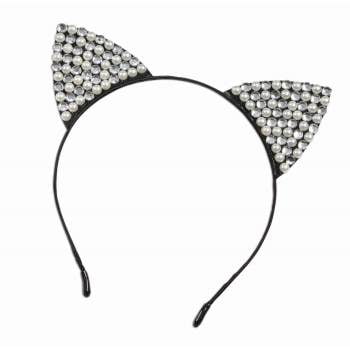 Rhinestone & Pearl Cat Ears Headband Halloween Costume Accessory