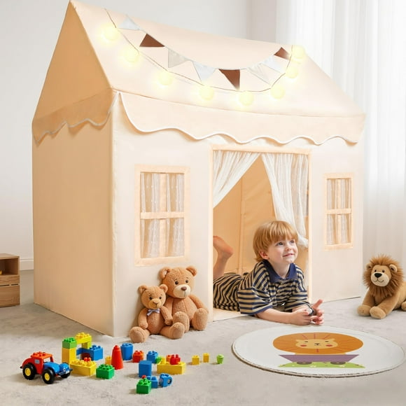 SYNCFUN Play Tent for Kids,Indoor & Outdoor Tent with Blanket,LED Lights & Flags for Toddler,Spacious 51*35*52 Inch,Playhouse for Kids,Ideal Private