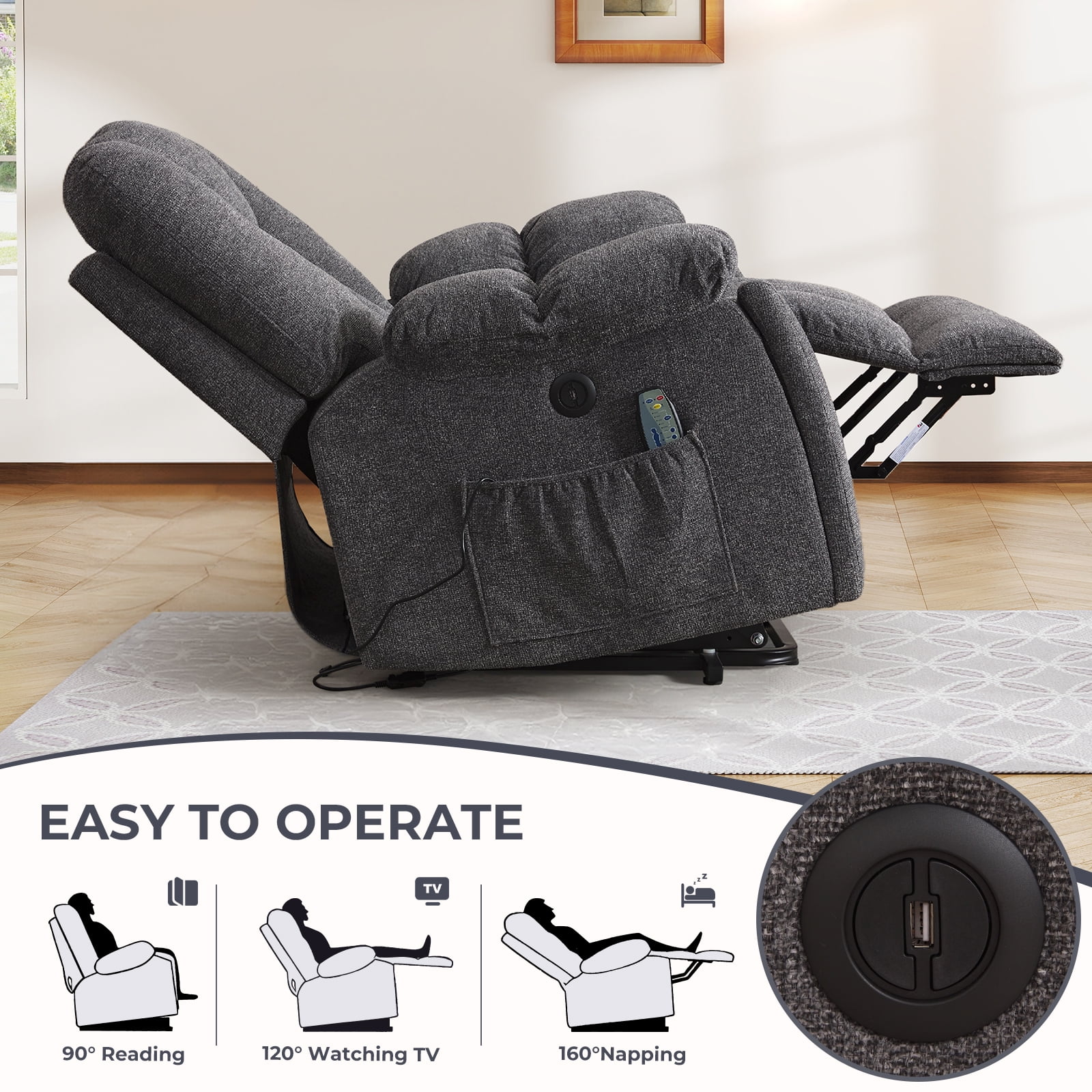 Ebello Large Power Lift Recliner Chair with Heat Massage, USB Ports - Ergonomic Recliner Chair for Elderly, Dark Gray