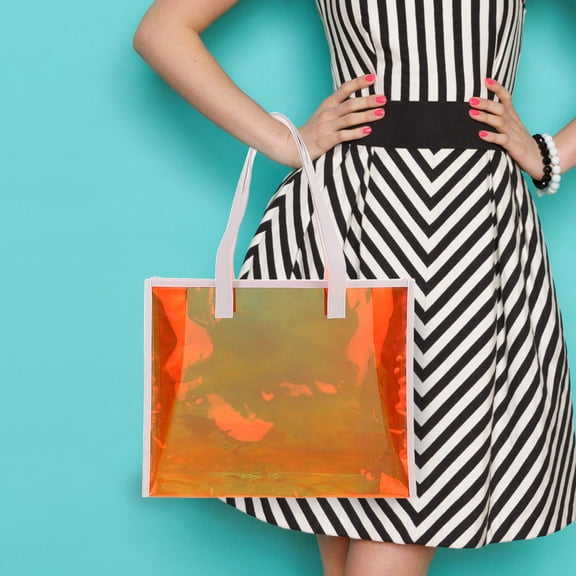 WRISTBIQUE Holographic Orange PVC Jelly Tote Bag with Handle, Trendy Party and Travel Handbag for Women, Lightweight and