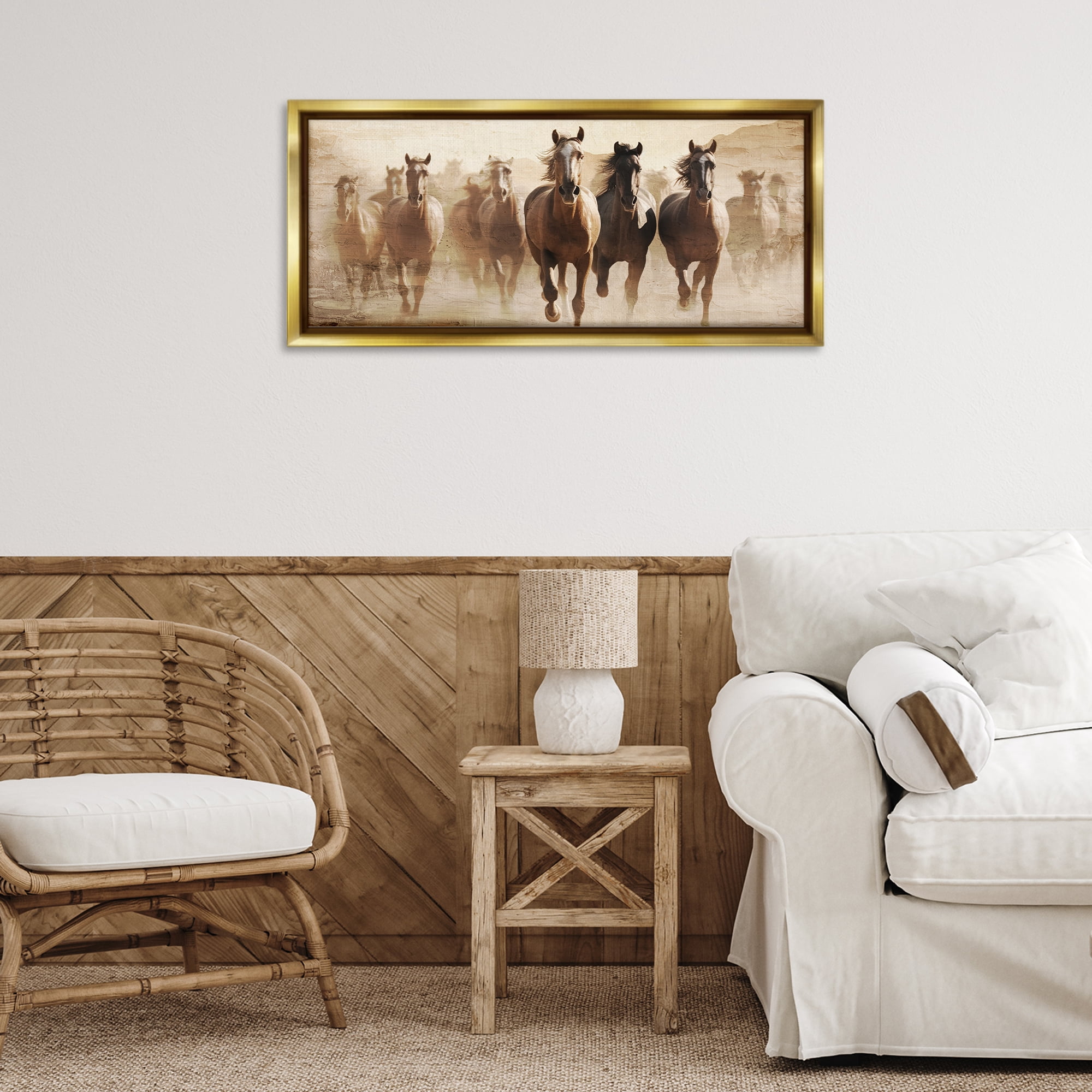 Stupell Industries Rustic Layered Gallop Animals Painting Gold Floater Framed Canvas Art Print Wall Art, 31 x 14