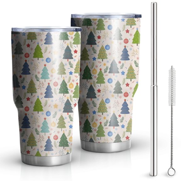 30oz Multicolor Christmas Tree and Ornament Pattern Tumblers Stainless Steel Tumbler with Lid and Straw,Vacuum Insulated Double Wall Travel Tumbler Cups Mug with Cleaning Brush for Coffee,Tea