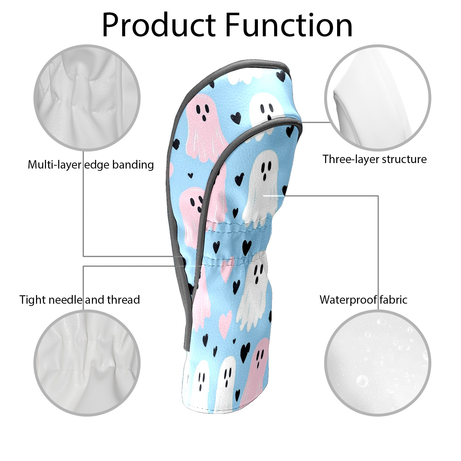 Golf Club Covers, LightBlue GhostHeart Premium PU Leather Driver Hybrid Putter Head Covers with Velvet Lining, Waterproof Golf Gifts for Men Women