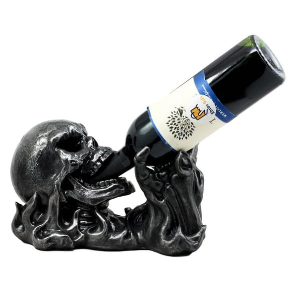 Ebros Dead Rising Skull Hell's Booze Flame Skeleton Wine Holder Figurine 11.25" L Halloween Party Hosting Centerpiece Decor