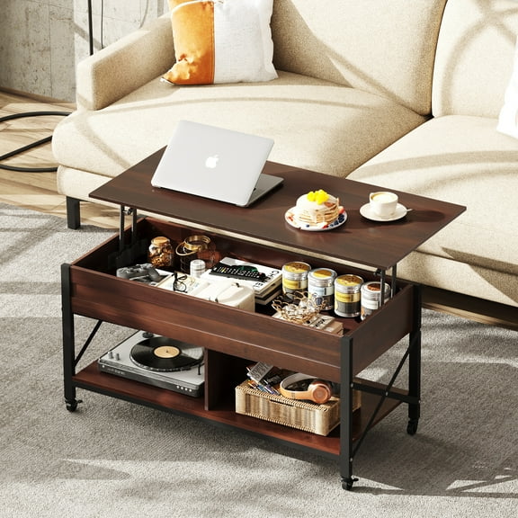 GALAXHERO Coffee Table, 41.3" Lift Top Coffee Table with 4 Wheels, Hidden Compartment, Storage Shelf and Lift Tabletop for Living Room, Reception Room, Espresso