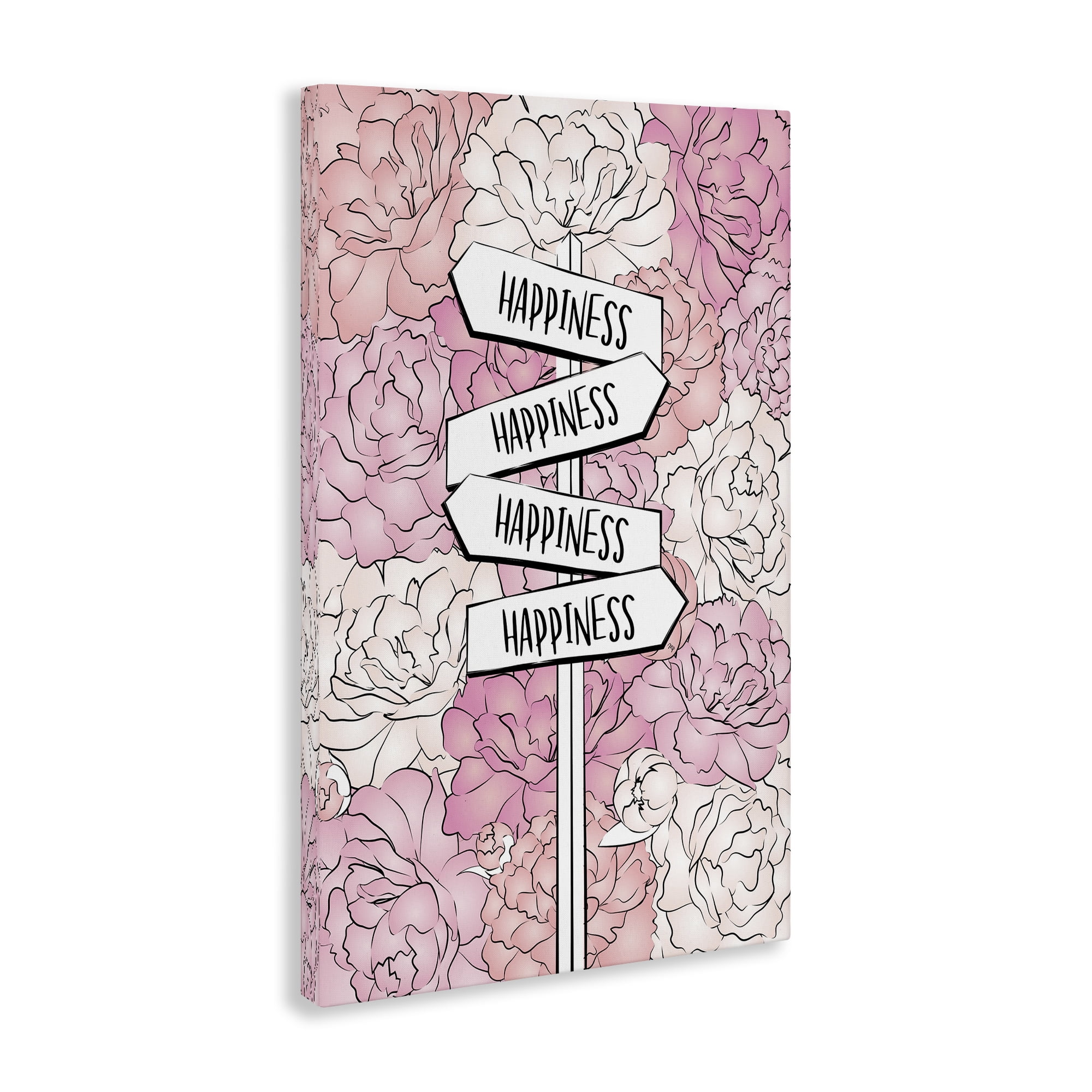 Stupell Industries Happiness Sign on Flowers Beauty & Fashion Painting Gallery Wrapped Canvas Art Print Wall Art, 20 x 30